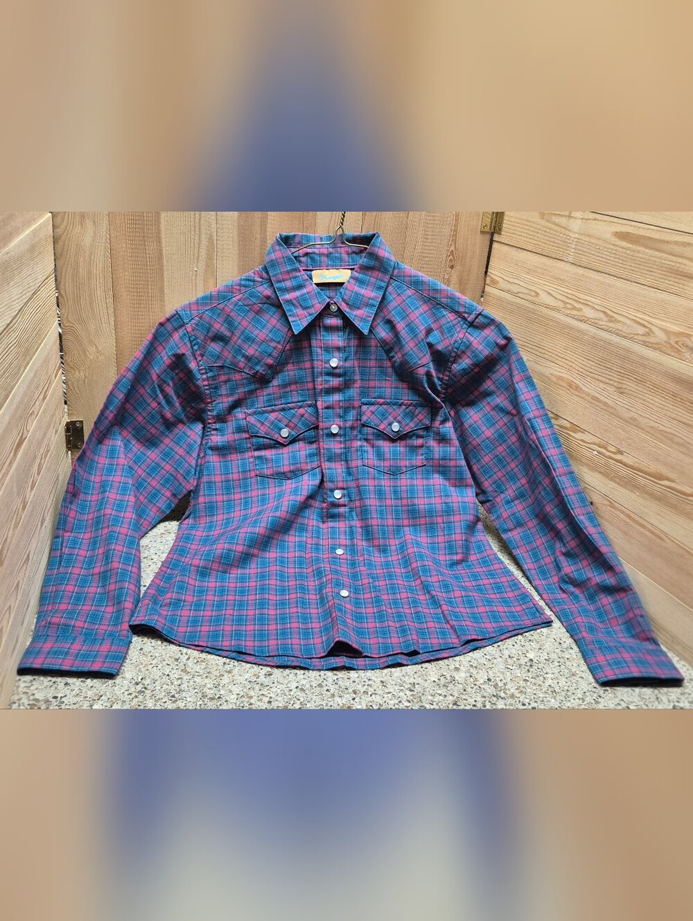 ​Wrangler Boys Pearl Snap Plaid Western Long Sleeve Shirt Teal Pink Size Large